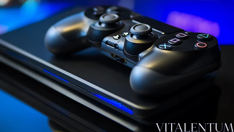Gaming Controller on Console with Blue Lighting.