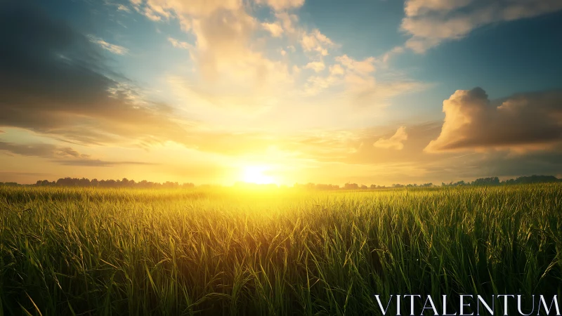 Sunrise over lush green field under glowing cloudscape.