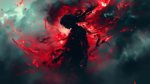 Dark warrior silhouette radiates swirling crimson energy