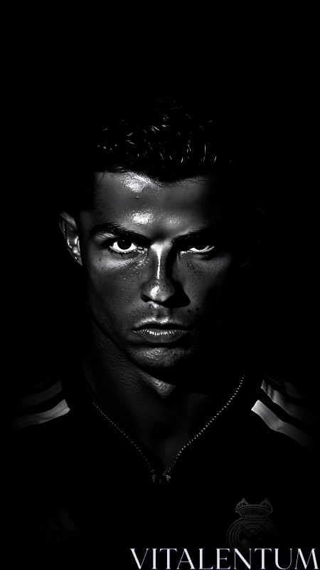 Intense monochrome athletic portrait in deep chiaroscuro lighting.