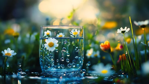Glass of clear water amid daisies in soft garden light.