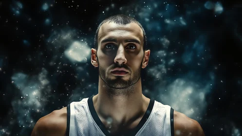 Male basketball player portrait in cosmic style background.