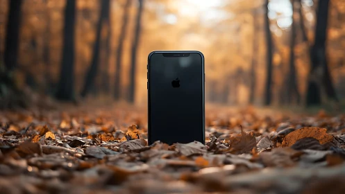 Dark Smartphone Centered on Autumn Forest Floor.