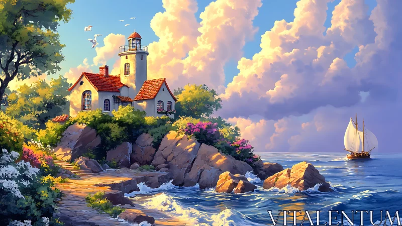 Coastal Lighthouse on Rocky Outcrop with Sailboat and Golden Hour Illumination