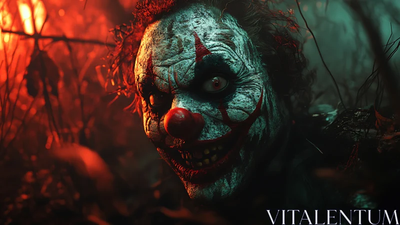 Chromatic horror clown in volumetric bicolor forest light.