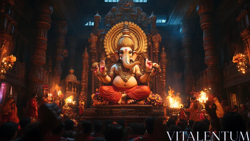 Large Ganesha idol dominates ornate temple interior space