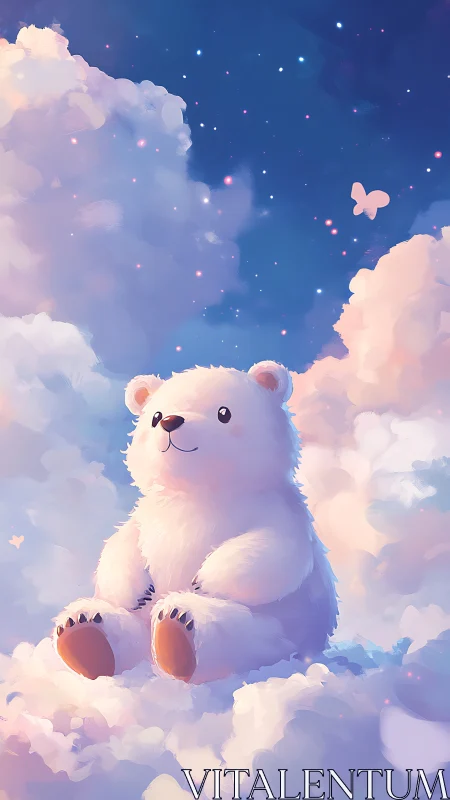 White bear sitting on pastel clouds under starry sky.