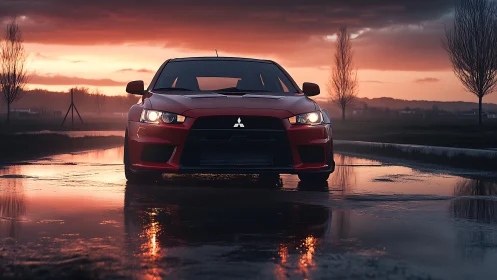Sunset street reflections with a bold red sports car.