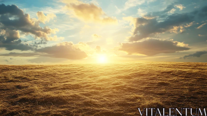Low-angle sunset over dry grass field with dramatic clouds