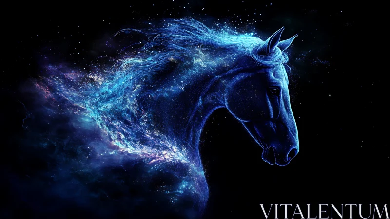 Celestial blue horse formed from swirling cosmic nebula.