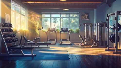 Sunlit sanctuary gym where morning muscles quietly wake.