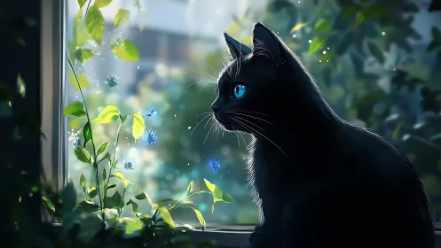Black Cat with Piercing Blue Eyes Gazing at Illuminated Plants.
