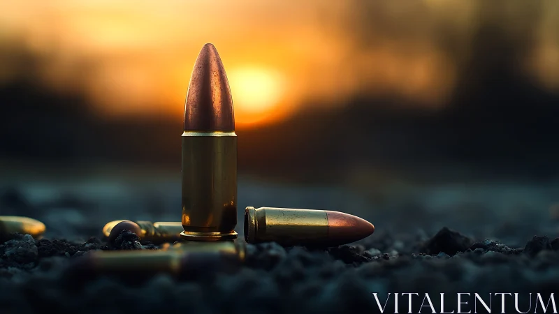 Single bullet stands sharp against blurred sunset horizon