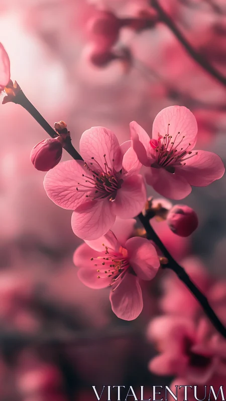 Pink Spring Blossoms on Dark Branch in Soft Focus
