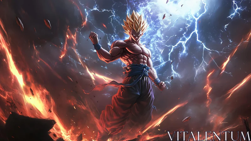 Electrified anime warrior ascends above raging volcanic chaos
