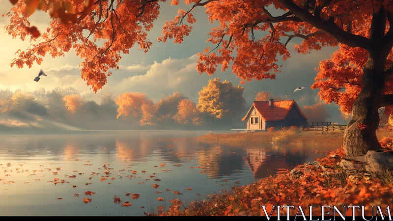 Autumn lake cottage under fiery maples at sunrise glow.