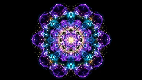 Luminous fractal mandala blooms in neon cosmic symmetry.