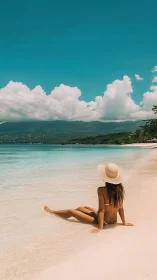 Tropical beach relaxation under turquoise sky and clouds.