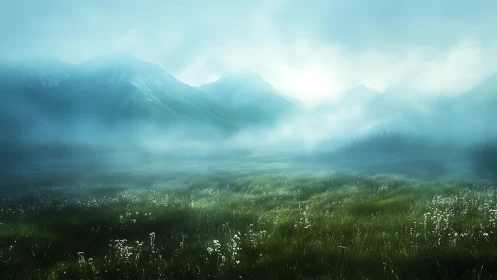 Misty alpine meadow under ethereal blue mountain haze.