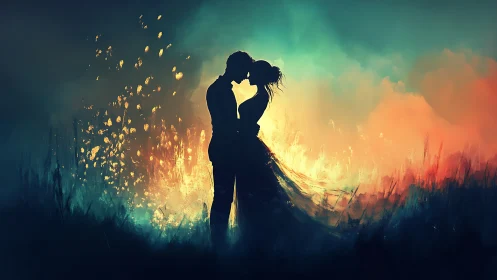 Silhouettes Ignite: Two Hearts Blazing Through Luminous Darkness