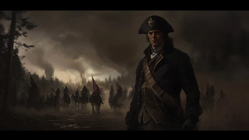 Napoleonic officer leads cavalry column through storm-laden battlefield