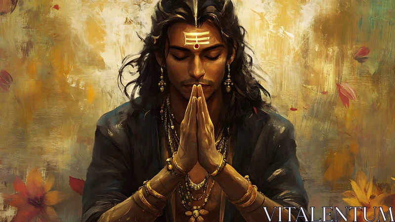 Meditative warrior bows in golden light of sacred calm