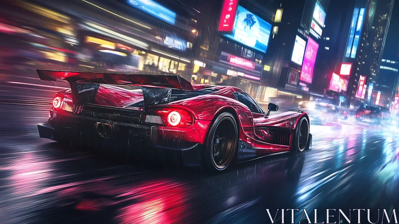 Cyberpunk hypercar on neon rain-slick street at speed trail.