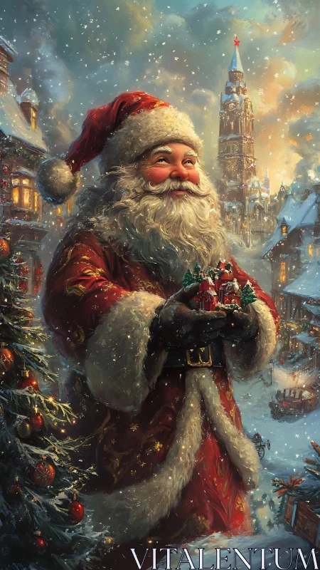 Santa’s cozy Christmas village under softly falling snow.