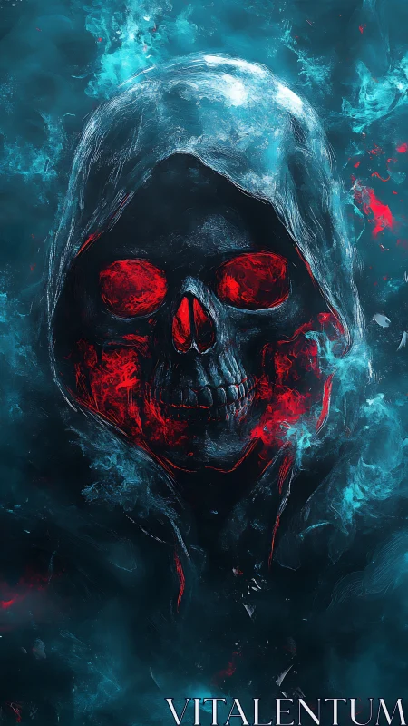 Ember-eyed Wraith Skull Glowing Through Frozen Midnight.