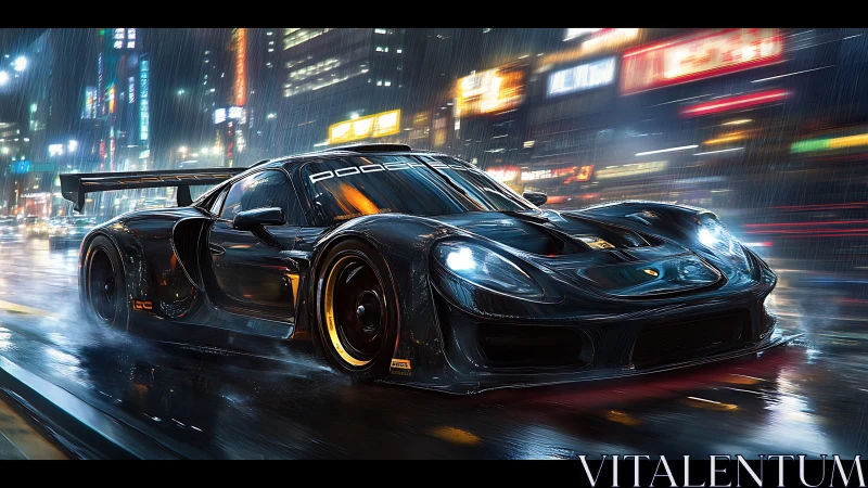 Cyberpunk hypercar night-race in neon-soaked megacity street scene.
