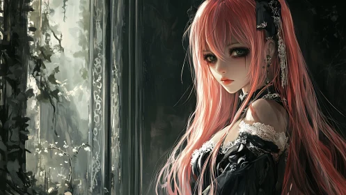 Gothic anime girl gazes through overgrown window light