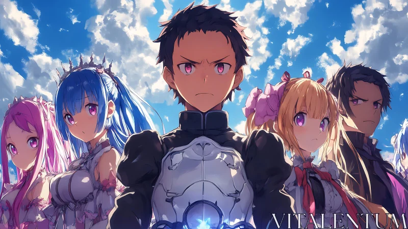 Heroic anime ensemble stands under high-contrast cloudscape