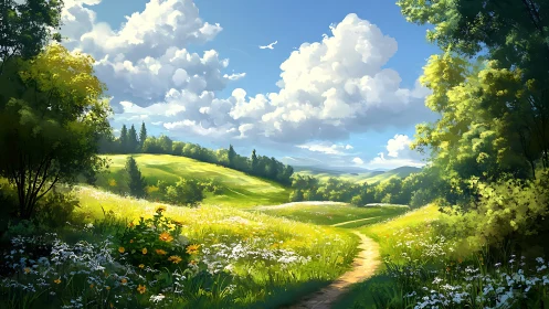 Sunlit wildflower meadow and winding path under bright sky.