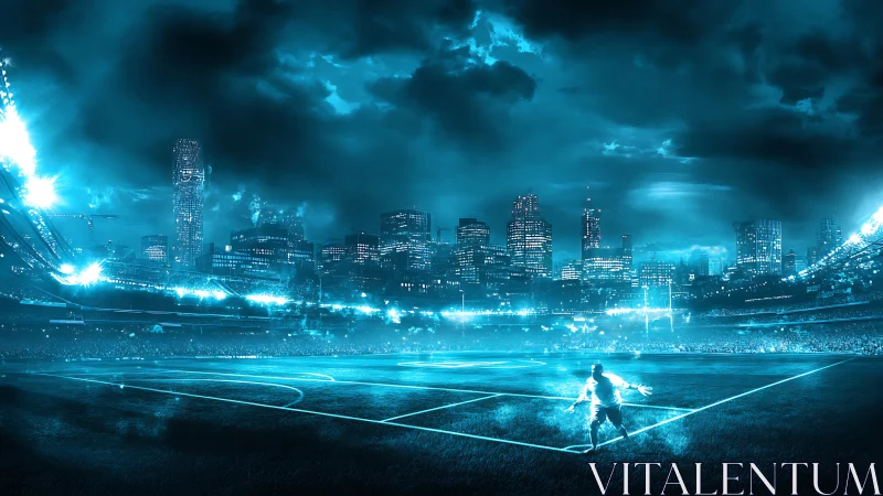 Futuristic stadium skyline with neon-lit football theatrics.