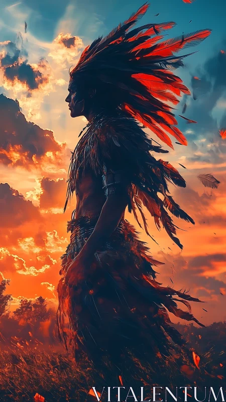 Feathered warrior silhouette stands against blazing sunset sky