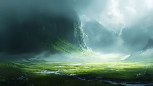 Misty emerald valley opens beneath towering shadowed cliffs