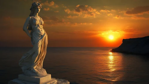 Graceful seaside statue glowing in a golden sunset glow.