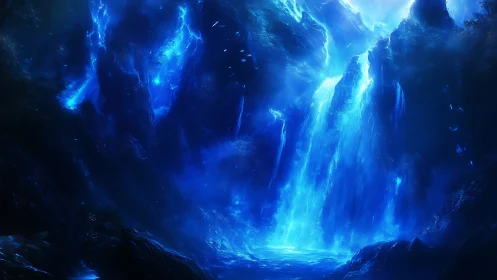 Luminous Abyssal Waterfall in Bioluminescent Cavern Space.