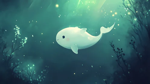 Cute white cartoon whale swims through glowing teal water