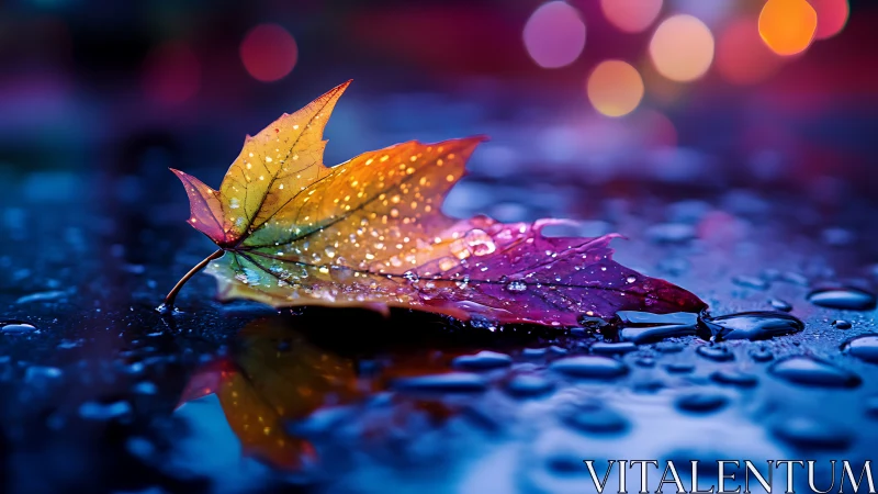 Colorful maple leaf rests on wet pavement after rainfall