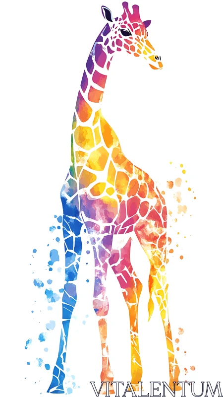 Rainbow watercolor giraffe silhouette with splatter accents.