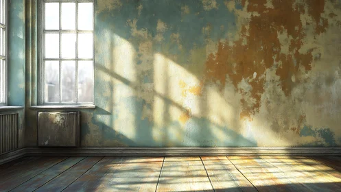 Sunlit empty room with peeling paint and worn wooden floor.