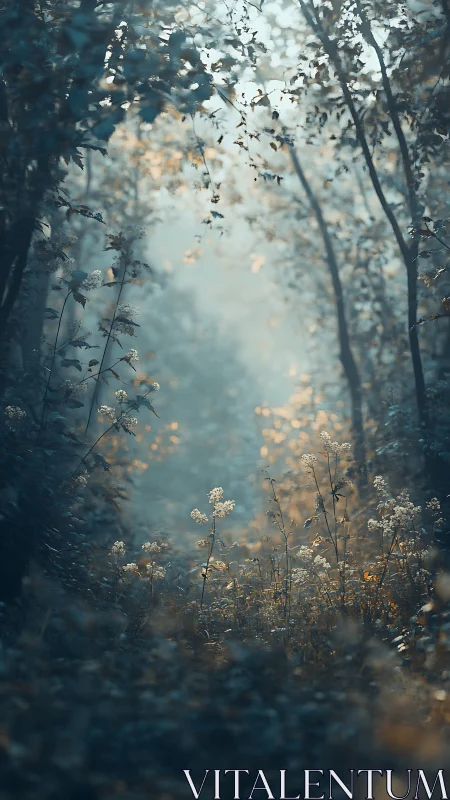Misty Forest Path Through Golden Blooms.