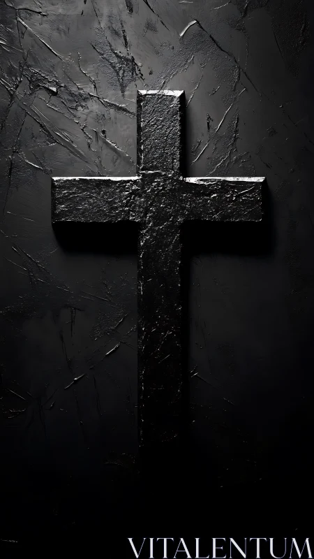 Textured black cross on matte dark wall with directional rim light