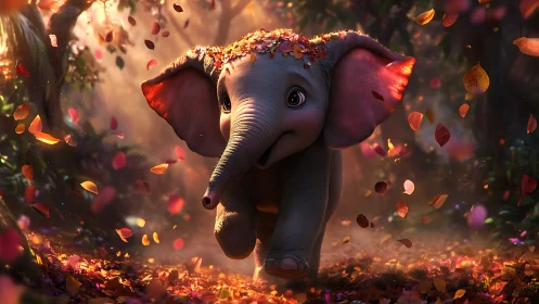 Baby elephant running through autumn forest scene.