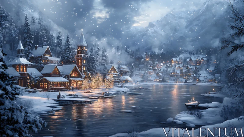 Snowlit lakeside village wrapped in cozy winter magic.