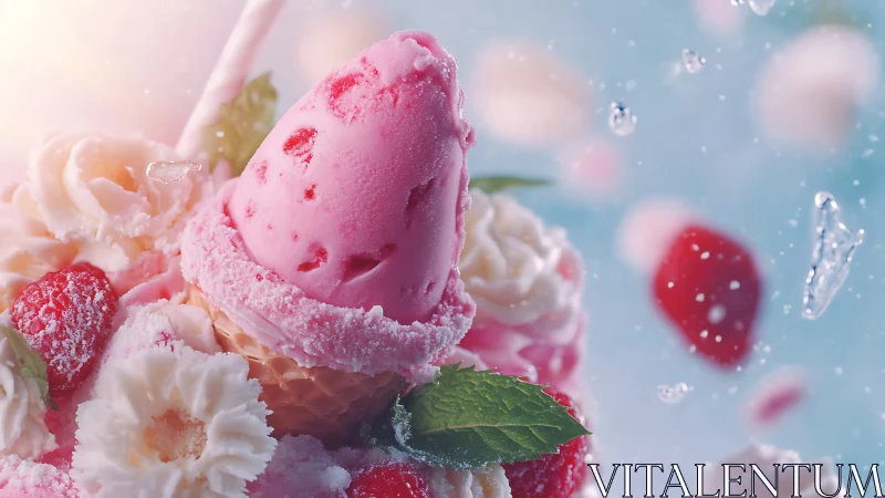 Pink ice cream cone with berries, cream and mint garnish.