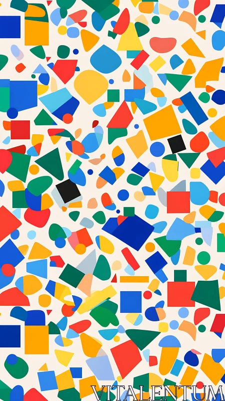 Multicolored geometric shapes scattered across light background