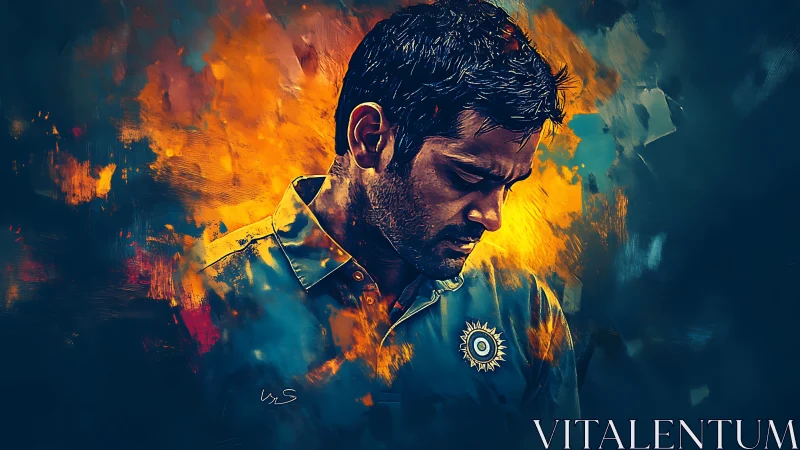 Pensive cricketer stands in dramatic blue and amber light