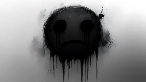 Minimalist grayscale sad face with dripping ink treatment.